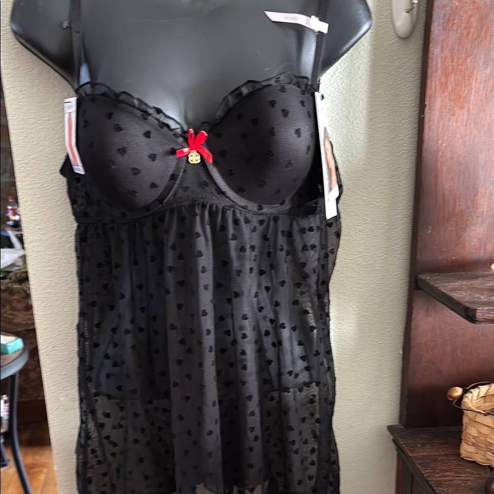 Daisy Fuentes Black Sheer Chemise with Heart Pattern